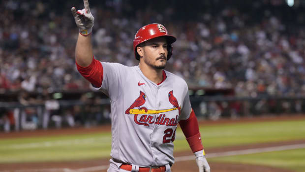iJul 24, 2023; Phoenix, Arizona, USA; St. Louis Cardinals third baseman Nolan Arenado (28) celebrates after hitting a solo home run against the Arizona Diamondbacks during the fifth inning at Chase Field. Mandatory Credit: Joe Camporeale-USA TODAY Sports